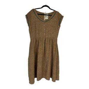 Let's Backtrack Sz M/L Cotton Linen Dress Tan Cap Sleeve Midi Cottage Core
